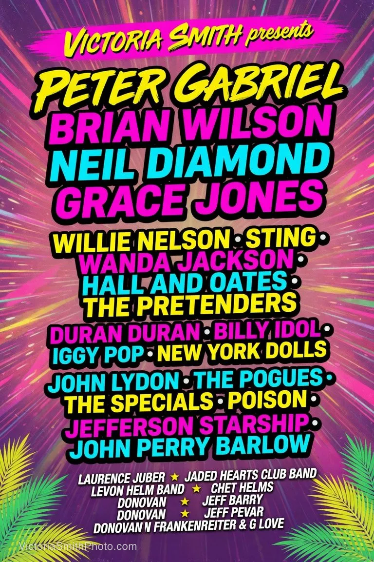 Concert poster featuring Peter Gabriel, Brian Wilson, Neil Diamond, Grace Jones, Willie Nelson, Sting, Wanda Jackson, Hall and Oates, The Pretenders, Duran Duran, Billy Idol, Iggy Pop, New York Dolls, John Lydon, The Pogues, The Specials, Poison, Jefferson Starship, John Perry Barlow, Laurence Juber, Levon Helm Band, Donovan, Donovan Frankenreiter & G Love, Jaded Hearts Club Band, Chet Helms, Jeff Barry, and Jeff Pevar by Victoria Smith