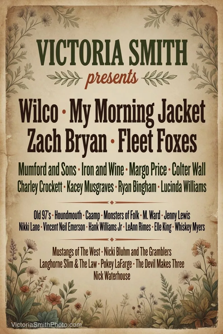 Concert poster featuring Wilco, My Morning Jacket, Zach Bryan, Fleet Foxes, Mumford and Sons, Iron and Wine, Margo Price, Colter Wall, Charley Crockett, Kacey Musgraves, Ryan Bingham, Lucinda Williams, Old 97’s, Houndmouth, Caamp, Monsters of Folk, M. Ward, Jenny Lewis, Nikki Lane, Vincent Neil Emerson, Hank Williams Jr, LeAnn Rimes, Elle King, Whiskey Myers, Mustangs of The West, Nicki Bluhm and The Gramblers, Langhorne Slim & The Law, Pokey LaFarge, The Devil Makes Three, and Nick Waterhouse by Victoria Smith
