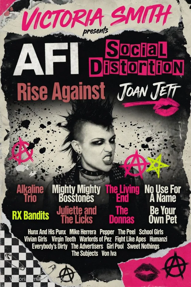 Concert poster featuring AFI, Social Distortion, Rise Against, Joan Jett, Alkaline Trio, Mighty Mighty Bosstones, The Living End, No Use For A Name, RX Bandits, Juliette and The Licks, The Donnas, Be Your Own Pet, Hunx And His Punx, Mike Herrera, Pepper, The Peel, School Girls, Vivian Girls, Virgin Teeth, Warlords of Pez, Fight Like Apes, Humanzi, Everybody’s Dirty, The Advertisers, Girl Pool, Sweet Nothings, The Subjects, and Von Iva by Victoria Smith