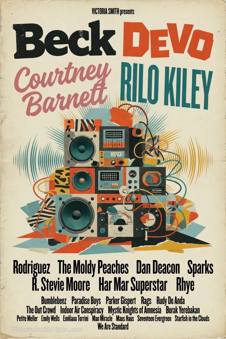Concert poster featuring Beck, Devo, Courtney Barnett, Rilo Kiley, Rodriguez, The Moldy Peaches, Dan Deacon, Sparks, R. Stevie Moore, Har Mar Superstar, Rhye, Bumblebeez, Paradise Boys, Parker Gispert, Rags, Rudy De Anda, The Out Crowd, Indoor Air Conspiracy, Mystic Knights of Amnesia, Burak Yerebakan, Petite Meller, Emily Wells, Emiliana Torrini, Man Miracle, Maus Haus, Seventeen Evergreen, Starfish in the Clouds, and We Are Standard by Victoria Smith