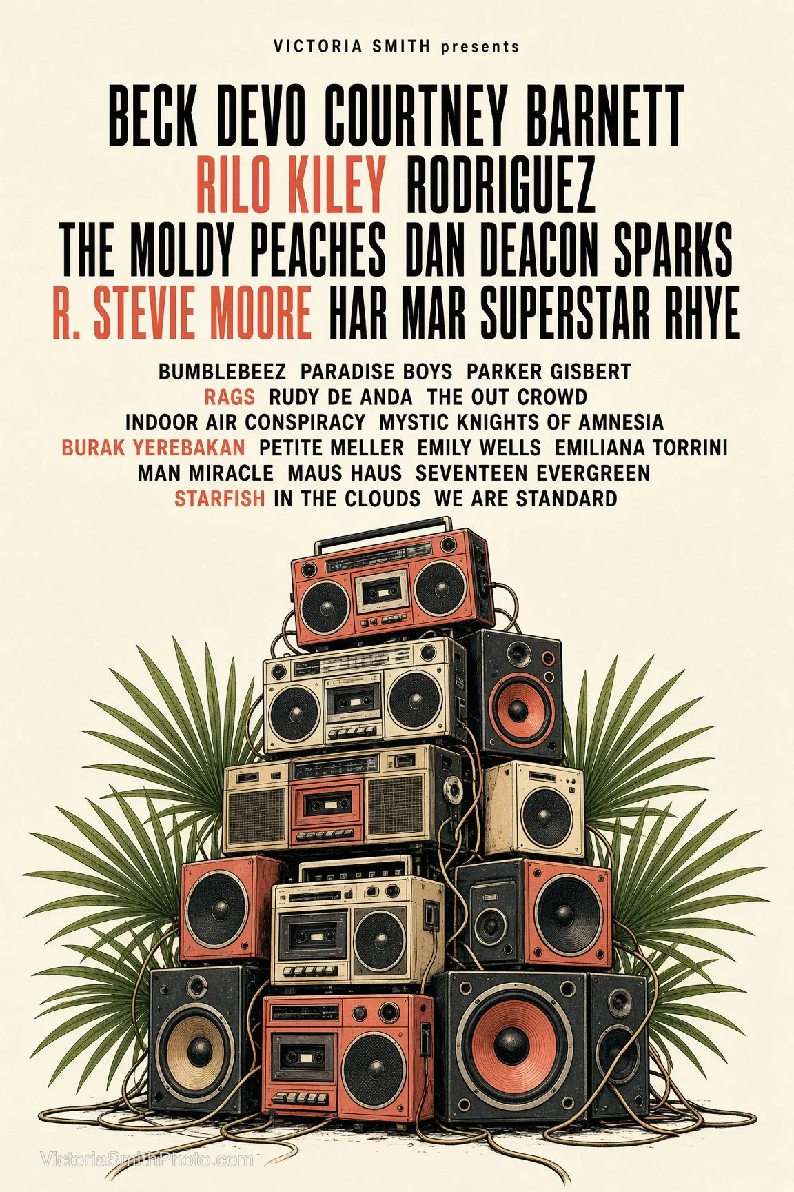Concert poster featuring Beck, Devo, Courtney Barnett, Rilo Kiley, Rodriguez, The Moldy Peaches, Dan Deacon, Sparks, R. Stevie Moore, Har Mar Superstar, Rhye, Bumblebeez, Paradise Boys, Parker Gispert, Rags, Rudy De Anda, The Out Crowd, Indoor Air Conspiracy, Mystic Knights of Amnesia, Burak Yerebakan, Petite Meller, Emily Wells, Emiliana Torrini, Man Miracle, Maus Haus, Seventeen Evergreen, Starfish in the Clouds, and We Are Standard by Victoria Smith