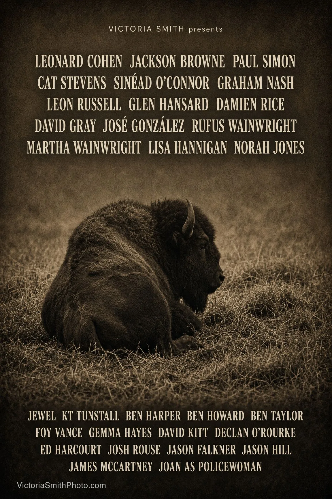 Concert poster featuring Leonard Cohen, Jackson Browne, Paul Simon, Cat Stevens, Sinéad O’Connor, Graham Nash, Leon Russell, Glen Hansard, Damien Rice, David Gray, José González, Rufus Wainwright, Martha Wainwright, Lisa Hannigan, Norah Jones, Jewel, KT Tunstall, Ben Harper, Ben Howard, Ben Taylor, Foy Vance, Gemma Hayes, David Kitt, Declan O’Rourke, Ed Harcourt, Josh Rouse, Jason Falkner, Jason Hill, James McCartney, and Joan As Policewoman by Victoria Smith