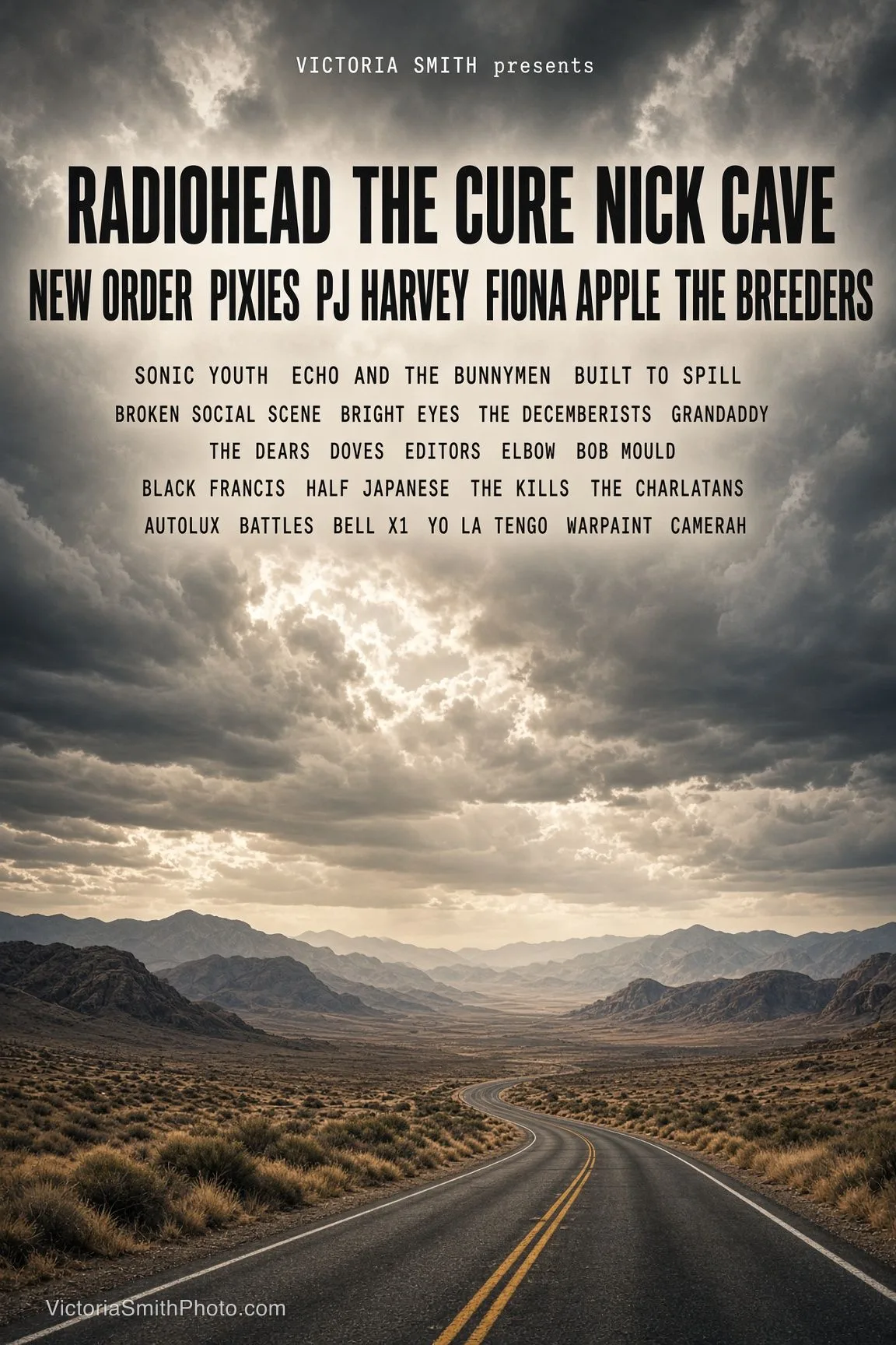 Concert poster featuring Radiohead, The Cure, Nick Cave, New Order, Pixies, PJ Harvey, Fiona Apple, The Breeders, Sonic Youth, Echo and the Bunnymen, Built To Spill, Broken Social Scene, Bright Eyes, The Decemberists, Grandaddy, The Dears, Doves, Editors, Elbow, Bob Mould, Black Francis, Half Japanese, The Kills, The Charlatans, Autolux, Battles, Bell X1, Yo La Tengo, Warpaint, and Camerah by Victoria Smith