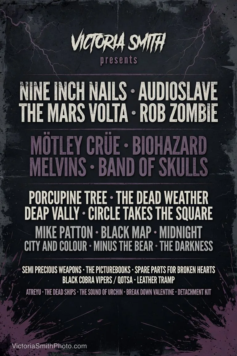 Concert poster featuring Nine Inch Nails, Audioslave, The Mars Volta, Rob Zombie, Mötley Crüe, Biohazard, Melvins, Band of Skulls, Porcupine Tree, The Dead Weather, Deap Vally, Circle Takes The Square, Mike Patton, Black Map, Midnight, City and Colour, Minus The Bear, The Darkness, Semi Precious Weapons, The Picturebooks, Spare Parts For Broken Hearts, Black Cobra Vipers / Q, Leather Tramp, Atreyu, The Dead Ships, The Sound of Urchin, Break Down Valentine, and Detachment Kit by Victoria Smith