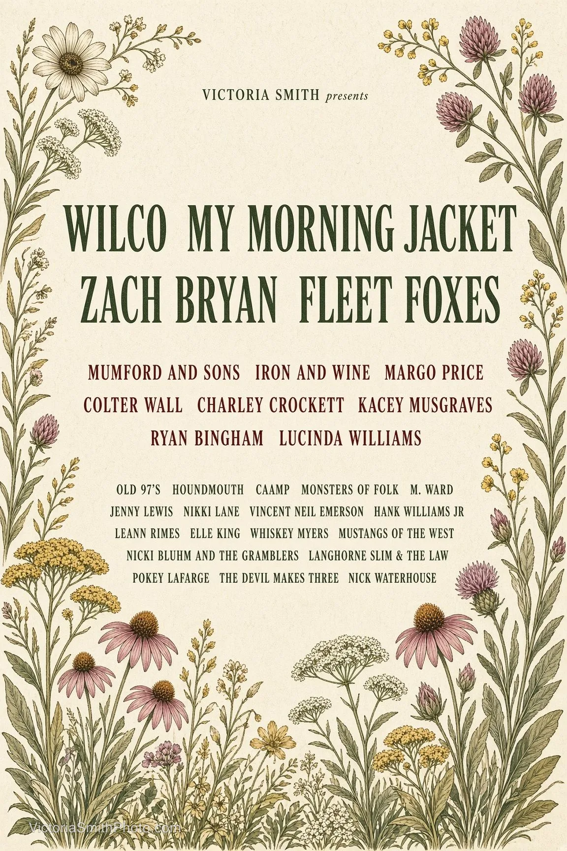 Concert poster featuring Wilco, My Morning Jacket, Zach Bryan, Fleet Foxes, Mumford and Sons, Iron and Wine, Margo Price, Colter Wall, Charley Crockett, Kacey Musgraves, Ryan Bingham, Lucinda Williams, Old 97’s, Houndmouth, Caamp, Monsters of Folk, M. Ward, Jenny Lewis, Nikki Lane, Vincent Neil Emerson, Hank Williams Jr, LeAnn Rimes, Elle King, Whiskey Myers, Mustangs of The West, Nicki Bluhm and The Gramblers, Langhorne Slim & The Law, Pokey LaFarge, The Devil Makes Three, and Nick Waterhouse by Victoria Smith