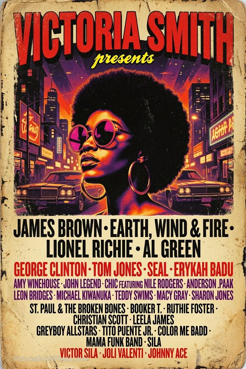 Concert poster featuring James Brown, Earth, Wind & Fire, Lionel Richie, Al Green, George Clinton, Tom Jones, Seal, Erykah Badu, Amy Winehouse, John Legend, Chic featuring Nile Rodgers, Anderson Paak, Leon Bridges, Michael Kiwanuka, Teddy Swims, Macy Gray, Sharon Jones, St. Paul & The Broken Bones, Booker T., Ruthie Foster, Christian Scott, Leela James, Greyboy Allstars, Tito Puente Jr., Color Me Badd, Mama Funk Band, Sila, Victor Sila, Joli Valenti, and Johnny Ace by Victoria Smith