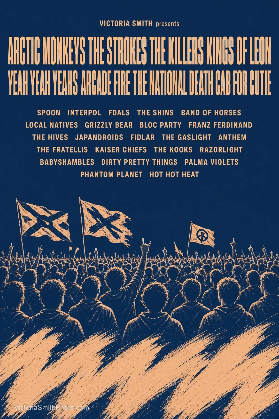 Concert poster featuring Arctic Monkeys, The Strokes, The Killers, Kings of Leon, Yeah Yeah Yeahs, Arcade Fire, The National, Death Cab for Cutie, Spoon, Interpol, Foals, The Shins, Band of Horses, Local Natives, Grizzly Bear, Bloc Party, Franz Ferdinand, The Hives, Japandroids, FIDLAR, The Gaslight Anthem, The Fratellis, Kaiser Chiefs, The Kooks, Razorlight, Babyshambles, Dirty Pretty Things, Palma Violets, Phantom Planet, and Hot Hot Heat by Victoria Smith