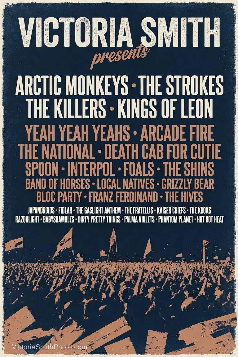 Concert poster featuring Arctic Monkeys, The Strokes, The Killers, Kings of Leon, Yeah Yeah Yeahs, Arcade Fire, The National, Death Cab for Cutie, Spoon, Interpol, Foals, The Shins, Band of Horses, Local Natives, Grizzly Bear, Bloc Party, Franz Ferdinand, The Hives, Japandroids, FIDLAR, The Gaslight Anthem, The Fratellis, Kaiser Chiefs, The Kooks, Razorlight, Babyshambles, Dirty Pretty Things, Palma Violets, Phantom Planet, and Hot Hot Heat by Victoria Smith