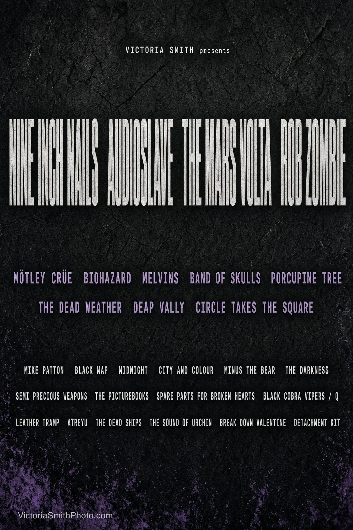 Concert poster featuring Nine Inch Nails, Audioslave, The Mars Volta, Rob Zombie, Mötley Crüe, Biohazard, Melvins, Band of Skulls, Porcupine Tree, The Dead Weather, Deap Vally, Circle Takes The Square, Mike Patton, Black Map, Midnight, City and Colour, Minus The Bear, The Darkness, Semi Precious Weapons, The Picturebooks, Spare Parts For Broken Hearts, Black Cobra Vipers / Q, Leather Tramp, Atreyu, The Dead Ships, The Sound of Urchin, Break Down Valentine, and Detachment Kit by Victoria Smith