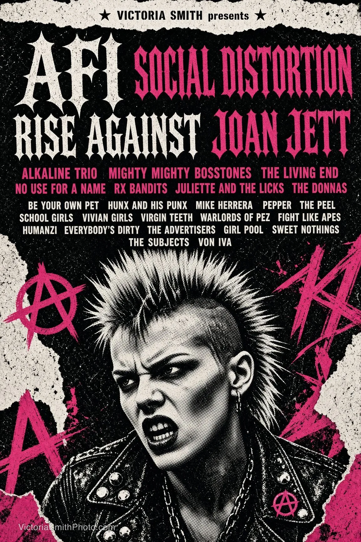 Concert poster featuring AFI, Social Distortion, Rise Against, Joan Jett, Alkaline Trio, Mighty Mighty Bosstones, The Living End, No Use For A Name, RX Bandits, Juliette and The Licks, The Donnas, Be Your Own Pet, Hunx And His Punx, Mike Herrera, Pepper, The Peel, School Girls, Vivian Girls, Virgin Teeth, Warlords of Pez, Fight Like Apes, Humanzi, Everybody’s Dirty, The Advertisers, Girl Pool, Sweet Nothings, The Subjects, and Von Iva by Victoria Smith