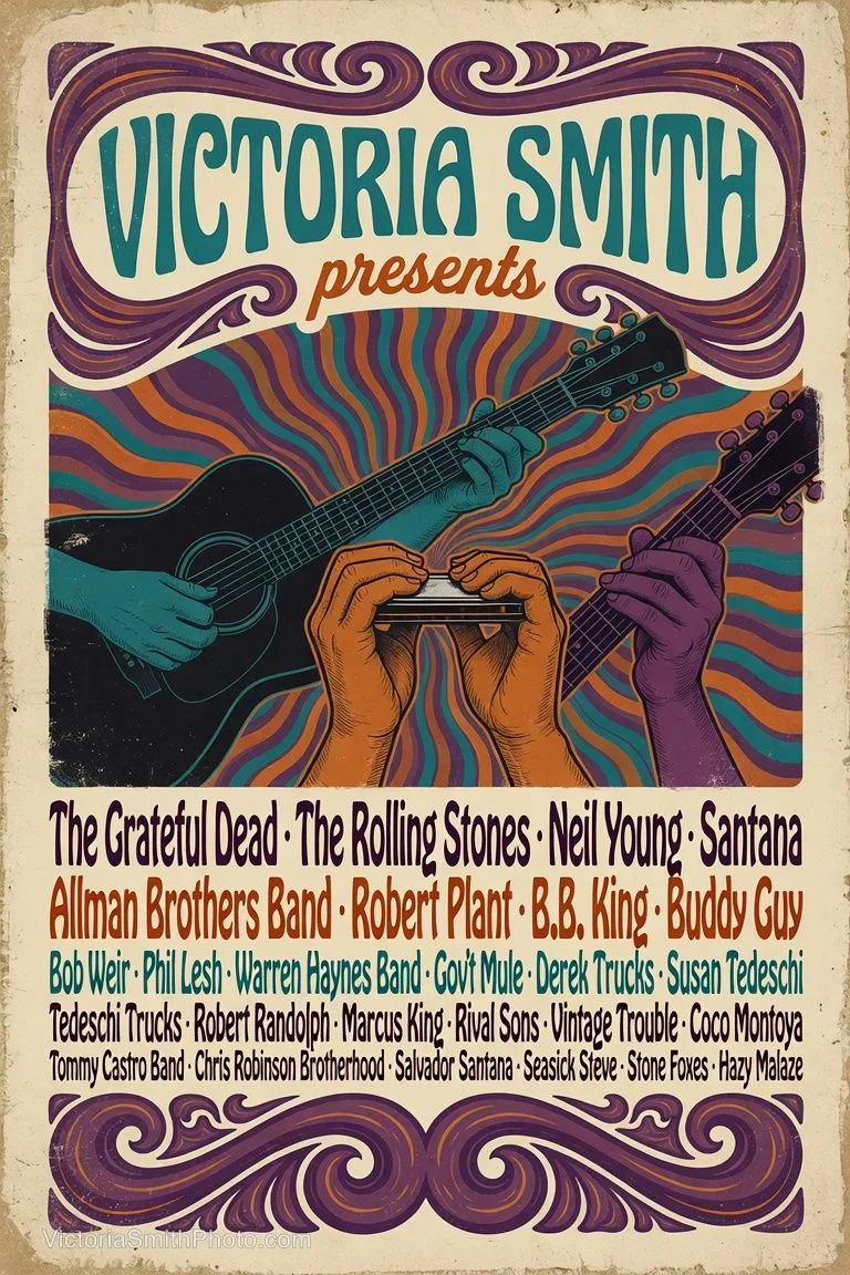 Concert poster featuring The Grateful Dead, The Rolling Stones, Neil Young, Santana, Allman Brothers Band, Robert Plant, B.B. King, Buddy Guy, Bob Weir, Phil Lesh, Warren Haynes Band, Gov't Mule, Derek Trucks, Susan Tedeschi, Tedeschi Trucks, Robert Randolph, Marcus King, Rival Sons, Vintage Trouble, Coco Montoya, Tommy Castro Band, Chris Robinson Brotherhood, Salvador Santana, Seasick Steve, Stone Foxes, and Hazy Malaze by Victoria Smith