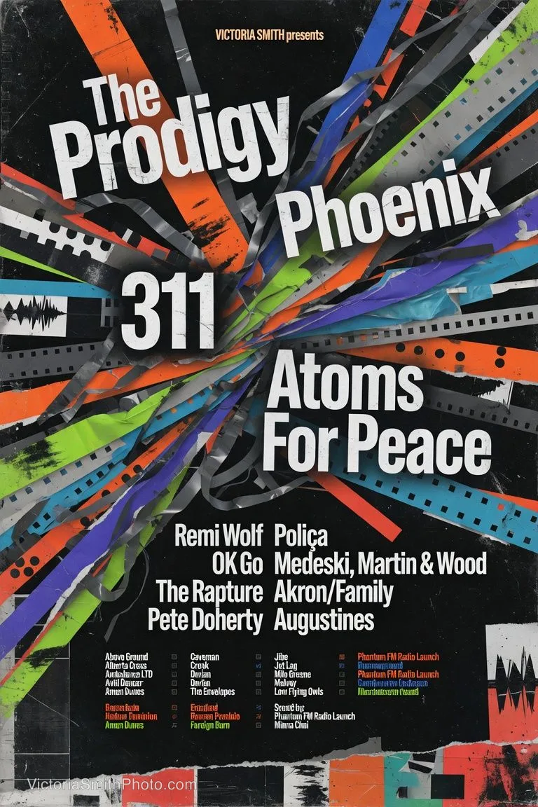 Concert poster featuring The Prodigy, Phoenix, 311, Atoms For Peace, Remi Wolf, OK Go, The Rapture, Pete Doherty, Poliça, Medeski, Martin & Wood, Akron/Family, Augustines, Above Ground, Alberta Cross, Ambulance LTD, Avid Dancer, Amen Dunes, Caveman, Crook, Dorian, The Envelopes, Foreign Born, Jibe, Jet Lag, Milo Greene, Melvoy, Low Flying Owls, Phantom FM Radio Launch, and Minna Choi by Victoria Smith