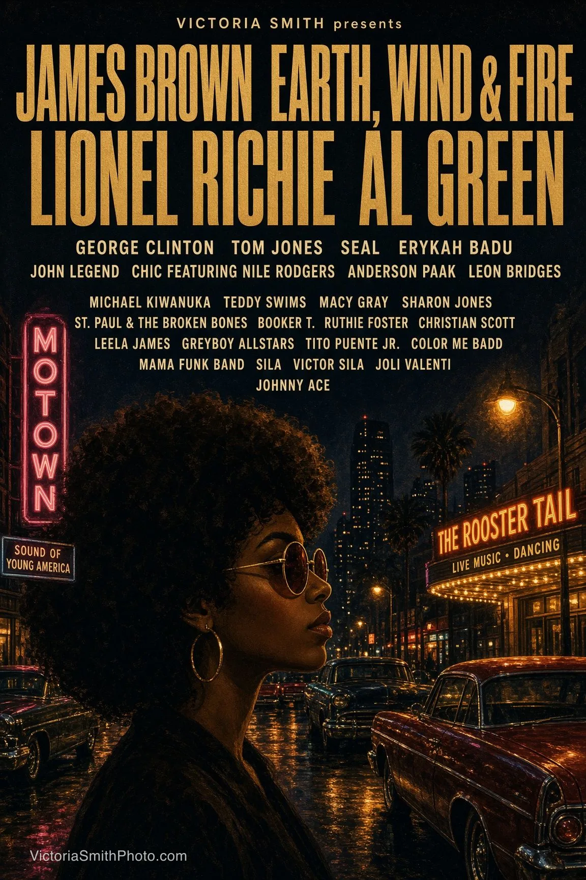Concert poster featuring James Brown, Earth, Wind & Fire, Lionel Richie, Al Green, George Clinton, Tom Jones, Seal, Erykah Badu, John Legend, Chic featuring Nile Rodgers, Anderson Paak, Leon Bridges, Michael Kiwanuka, Teddy Swims, Macy Gray, Sharon Jones, St. Paul & The Broken Bones, Booker T., Ruthie Foster, Christian Scott, Leela James, Greyboy Allstars, Tito Puente Jr., Color Me Badd, Mama Funk Band, Sila, Victor Sila, Joli Valenti, and Johnny Ace by Victoria Smith