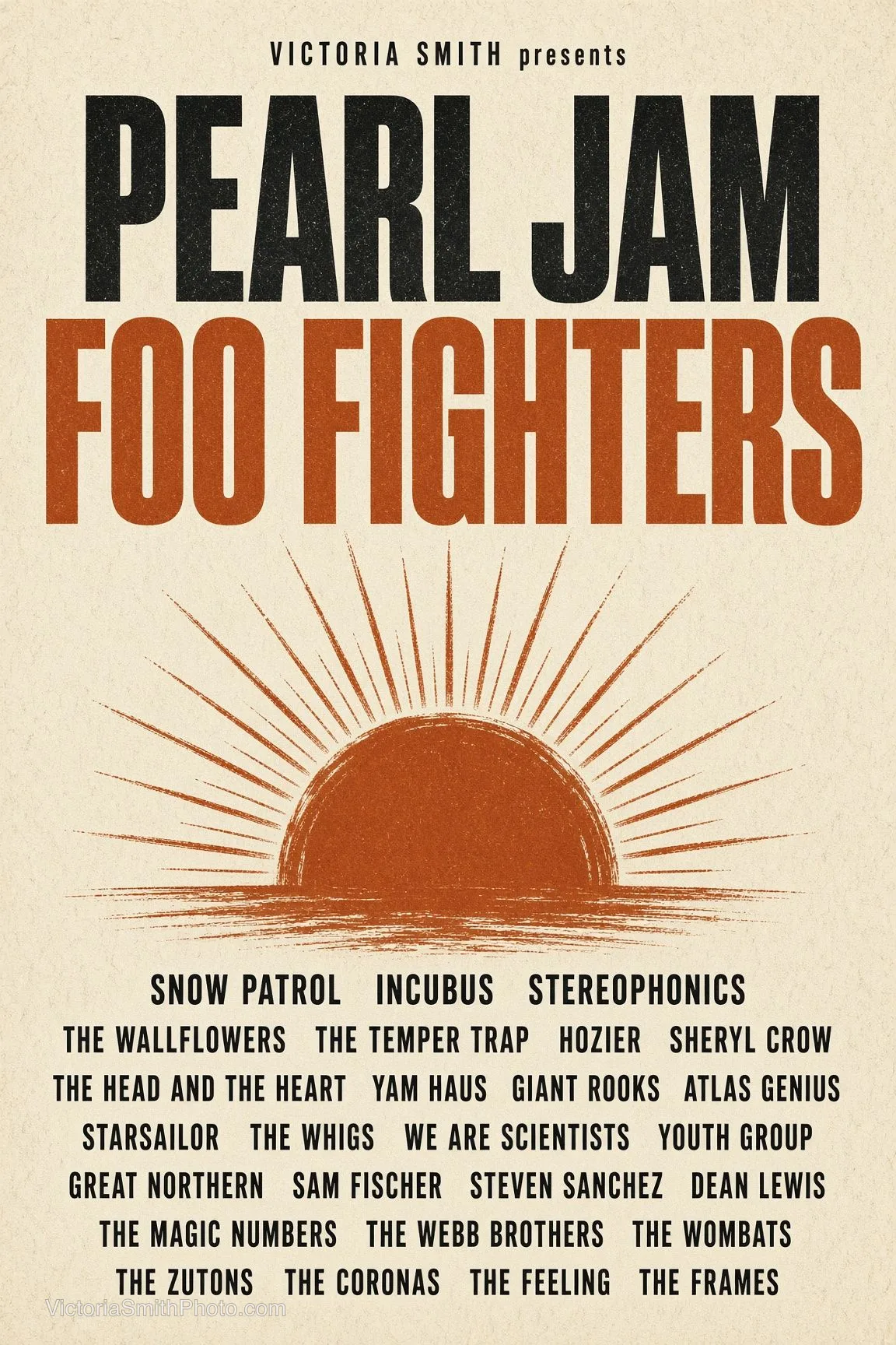 Concert poster featuring Pearl Jam, Foo Fighters, Snow Patrol, Incubus, Stereophonics, The Wallflowers, The Temper Trap, Hozier, Sheryl Crow, The Head and The Heart, Yam Haus, Giant Rooks, Atlas Genius, Starsailor, The Whigs, We Are Scientists, Youth Group, Great Northern, Sam Fischer, Steven Sanchez, Dean Lewis, The Magic Numbers, The Webb Brothers, The Wombats, The Zutons, The Coronas, The Feeling, and The Frames by Victoria Smith