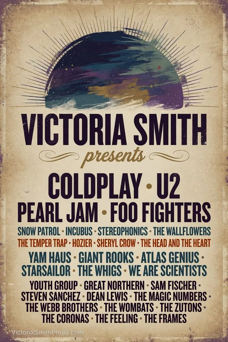 Concert poster featuring Coldplay, U2, Pearl Jam, Foo Fighters, Snow Patrol, Incubus, Stereophonics, The Wallflowers, The Temper Trap, Hozier, Sheryl Crow, The Head and The Heart, Yam Haus, Giant Rooks, Atlas Genius, Starsailor, The Whigs, We Are Scientists, Youth Group, Great Northern, Sam Fischer, Steven Sanchez, Dean Lewis, The Magic Numbers, The Webb Brothers, The Wombats, The Zutons, The Coronas, The Feeling, and The Frames by Victoria Smith